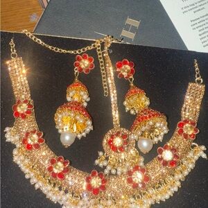 Elegant Gold and Red Floral Jewelry Set